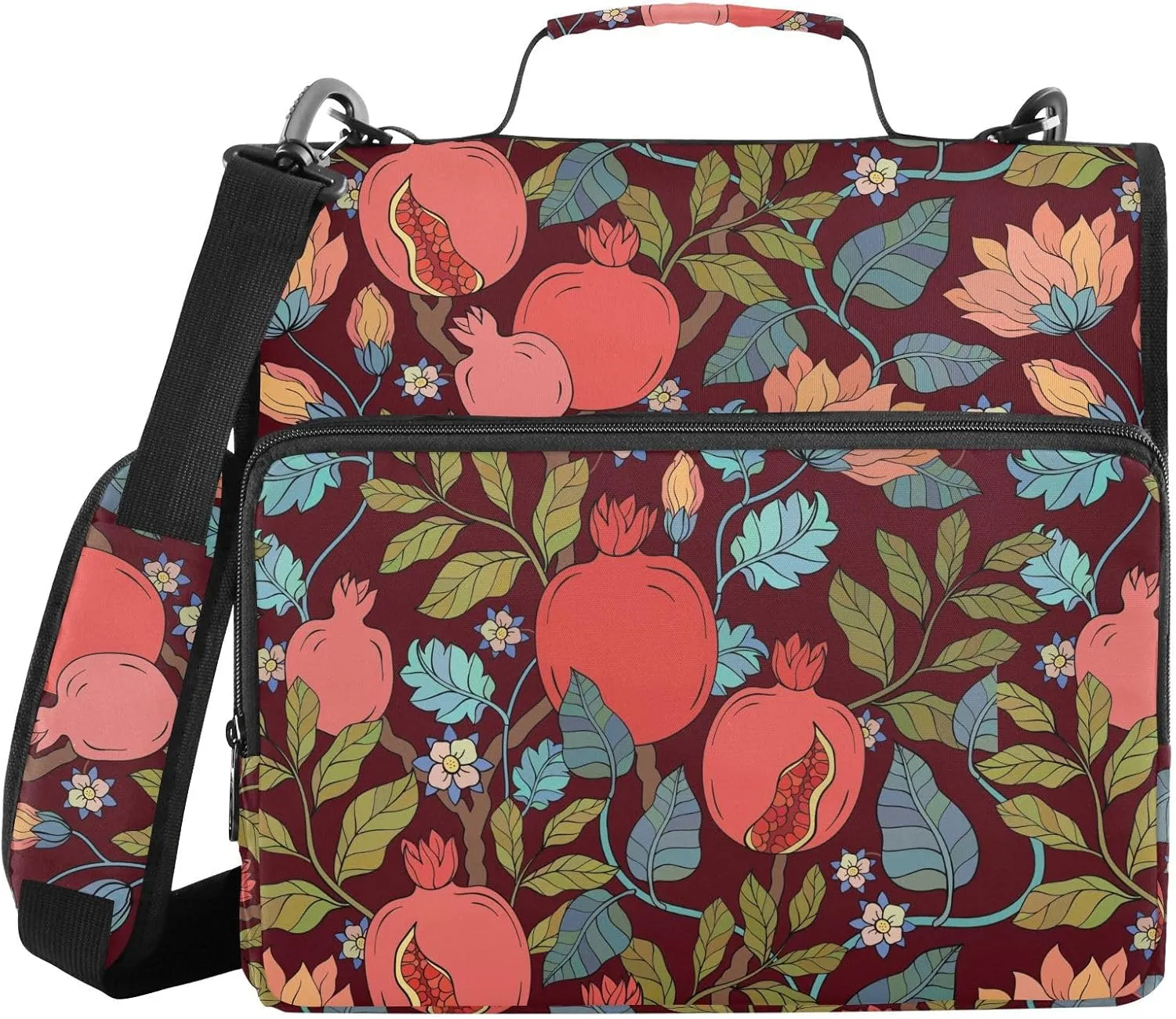 VIGTRO Pomegranate Garnet Leaf and Flowers 3 Ring Zipper Binder 1.5 Inch Binder Organizer Bag with Shoulder Strap and Handle File Folder for Office Work 500 Sheet Capacity