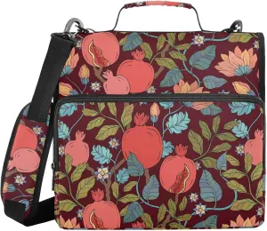 VIGTRO Pomegranate Garnet Leaf and Flowers 3 Ring Zipper Binder 1.5 Inch Binder Organizer Bag with Shoulder Strap and Handle File Folder for Office Work 500 Sheet Capacity