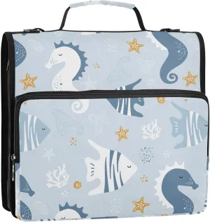 VIGTRO Sea Horses Fish 1.5 Inch 3 Ring Case Zipper Binder Organizer Bag with Shoulder Strap and Handle Multi-Pocket File Folder for Office Supplies