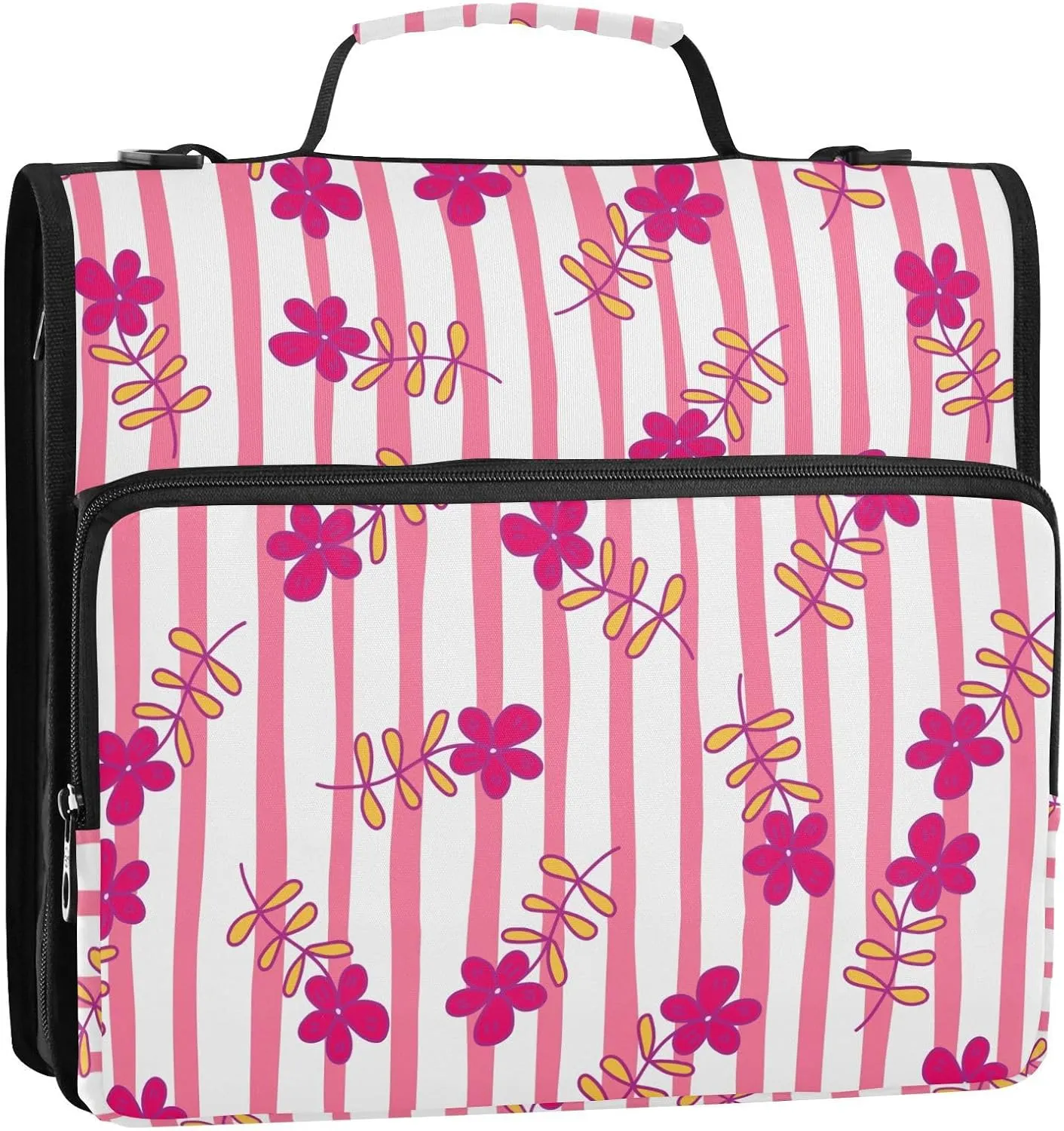 VIGTRO Simple Outline Flower Pattern 1.5 Inch 3 Ring Case Zipper Binder Organizer Bag with Shoulder Strap and Handle Multi-Pocket File Folder for Office Supplies