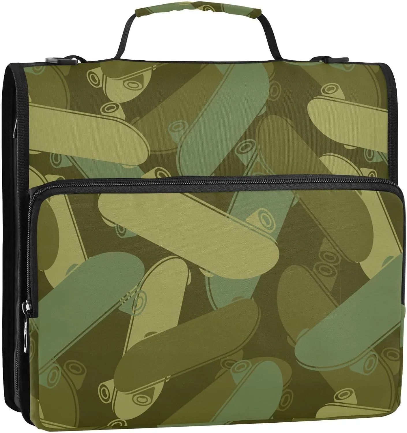 VIGTRO Skateboard Green Camouflage 1.5 Inch 3 Ring Case Zipper Binder Organizer Bag with Shoulder Strap and Handle Multi-Pocket File Folder for Office Supplies