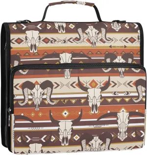 VIGTRO Skulls of Animals 1.5 Inch 3 Ring Case Zipper Binder Organizer Bag with Shoulder Strap and Handle Hand Drawn Multi-Pocket File Folder for Office Supplies