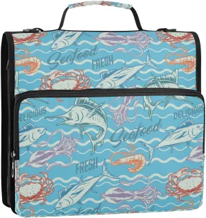 VIGTRO Tuna Fish Squid Shrimp Seafood 1.5 Inch 3 Ring Case Zipper Binder Organizer Bag with Shoulder Strap and Handle Multi-Pocket File Folder for Office Supplies