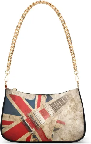 Vintage Guitar British Flag Shoulder Handbags for Women Travel Hobo Tote Handbag Women Gold Chain Shoulder Bags Purse with Zipper Closure
