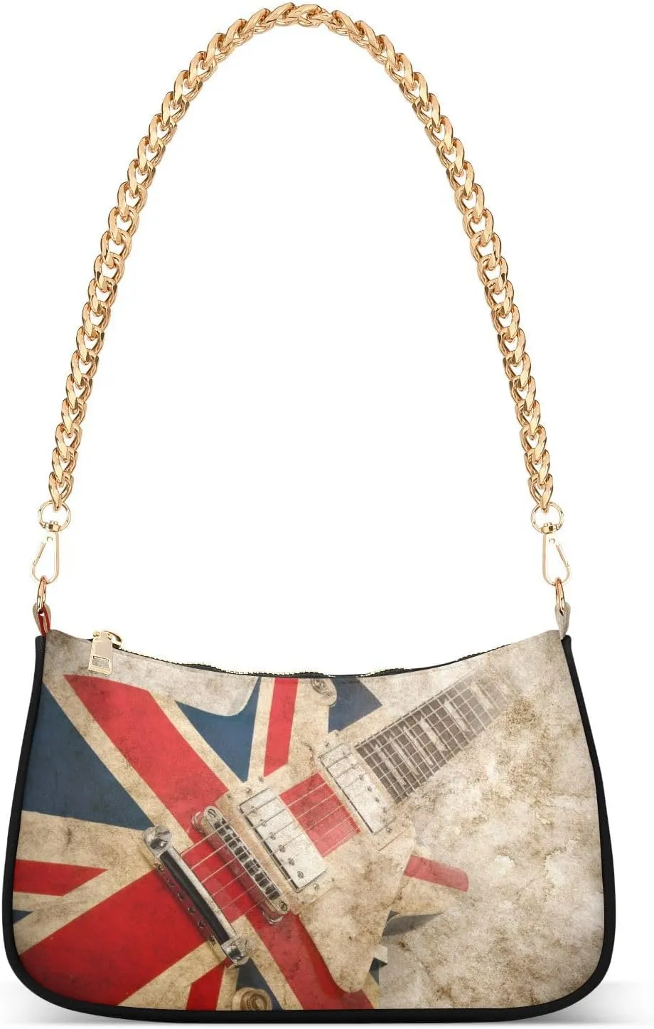 Vintage Guitar British Flag Shoulder Handbags for Women Travel Hobo Tote Handbag Women Gold Chain Shoulder Bags Purse with Zipper Closure