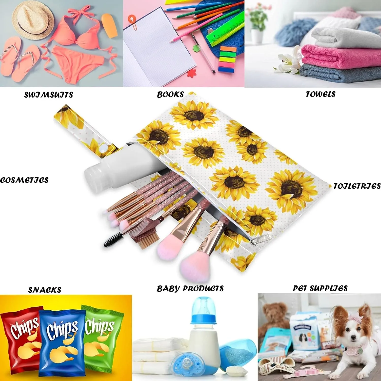 visesunny 2Pcs Wet Bag with Zippered Pockets Sunflower All Print Washable Reusable Roomy Diaper Bag for Travel,Beach,Pool,Daycare,Stroller,Diapers,Dirty Gym Clothes, Wet Swimsuits, Toiletries