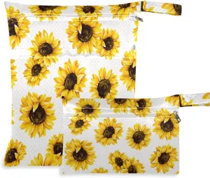 visesunny 2Pcs Wet Bag with Zippered Pockets Sunflower All Print Washable Reusable Roomy Diaper Bag for Travel,Beach,Pool,Daycare,Stroller,Diapers,Dirty Gym Clothes, Wet Swimsuits, Toiletries