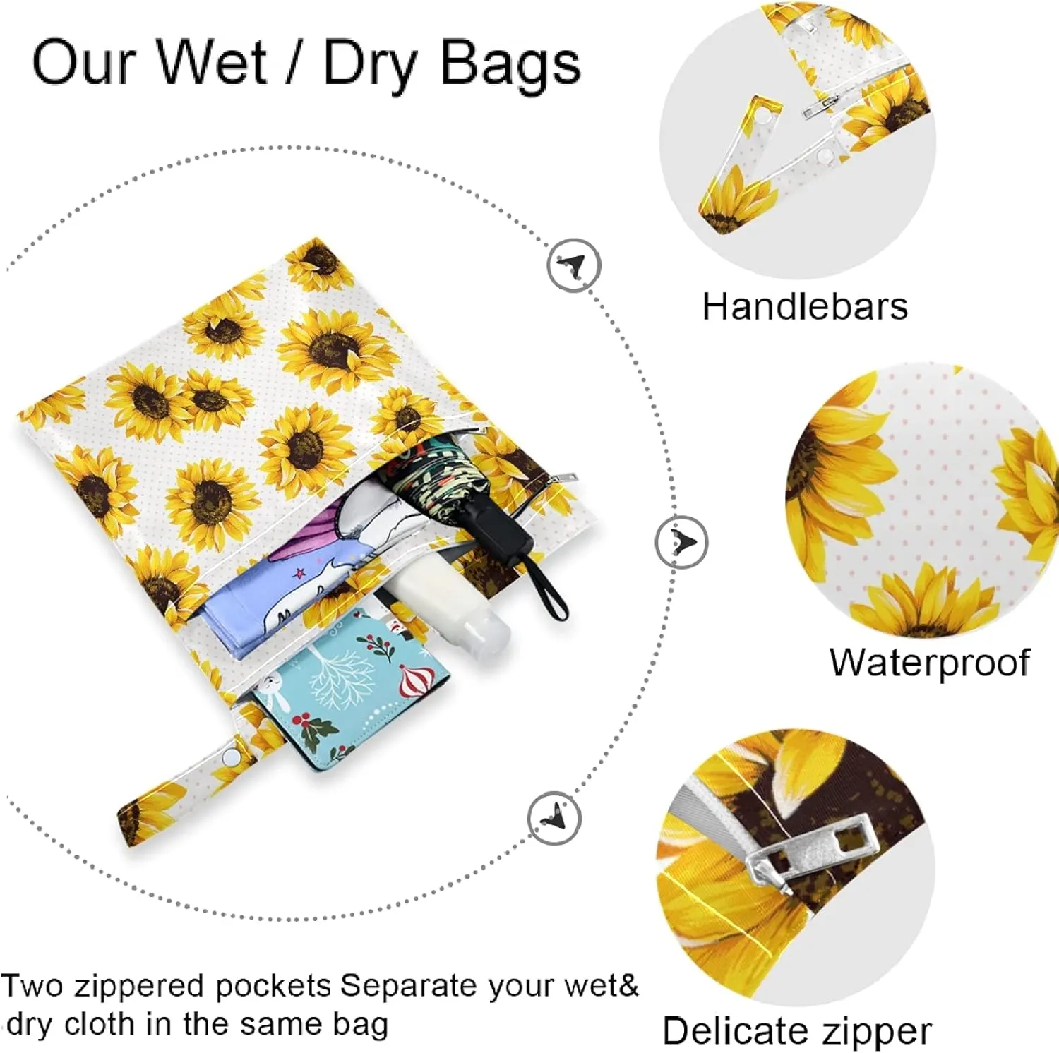 visesunny 2Pcs Wet Bag with Zippered Pockets Sunflower All Print Washable Reusable Roomy Diaper Bag for Travel,Beach,Pool,Daycare,Stroller,Diapers,Dirty Gym Clothes, Wet Swimsuits, Toiletries