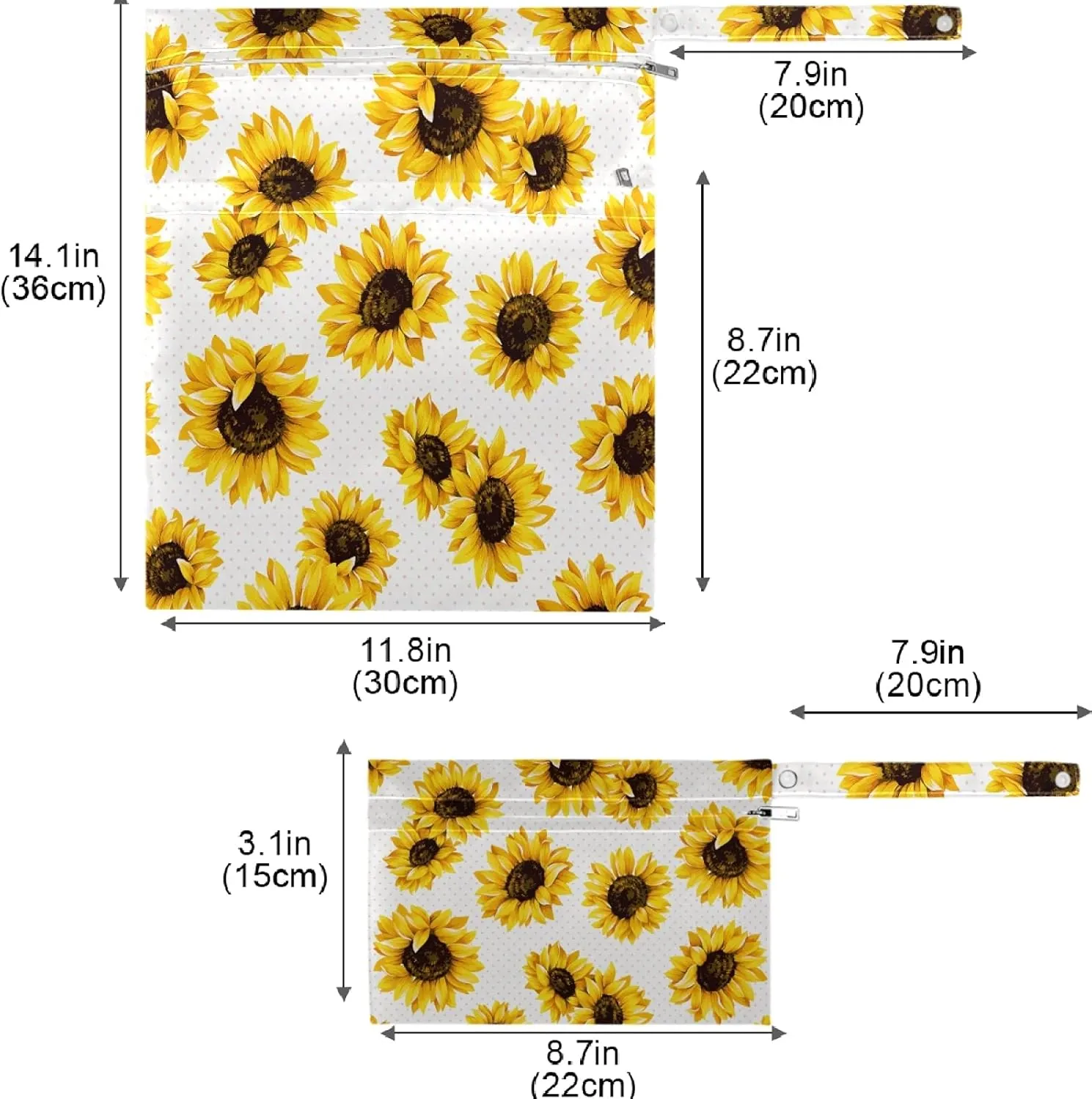 visesunny 2Pcs Wet Bag with Zippered Pockets Sunflower All Print Washable Reusable Roomy Diaper Bag for Travel,Beach,Pool,Daycare,Stroller,Diapers,Dirty Gym Clothes, Wet Swimsuits, Toiletries