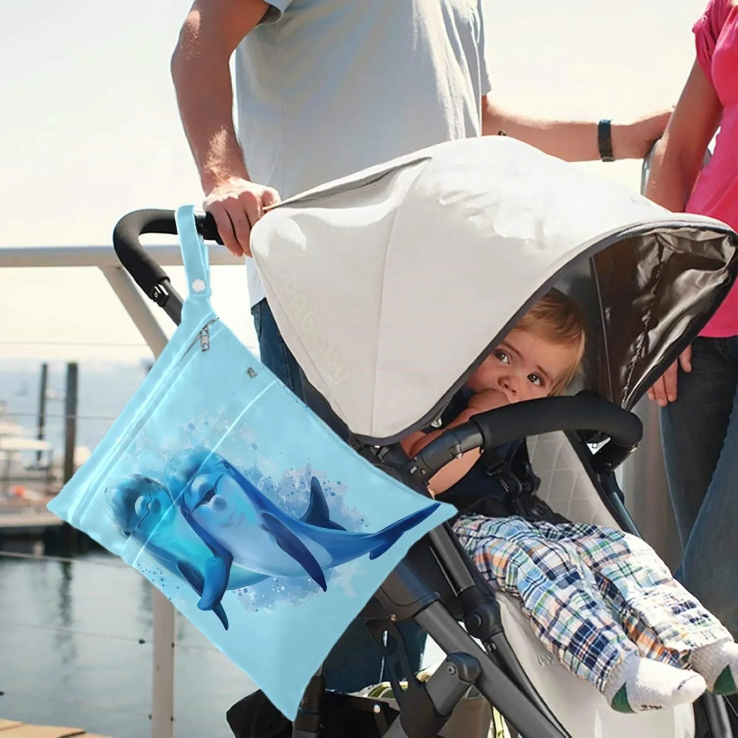 visesunny 2Pcs Wet Bag with Zippered PocketsBlue Dolphin Animal Washable Reusable Roomy Bags for Travel,Beach,Pool,Daycare,Stroller,Diapers,Dirty Gym Clothes, Wet Swimsuits, Toiletries
