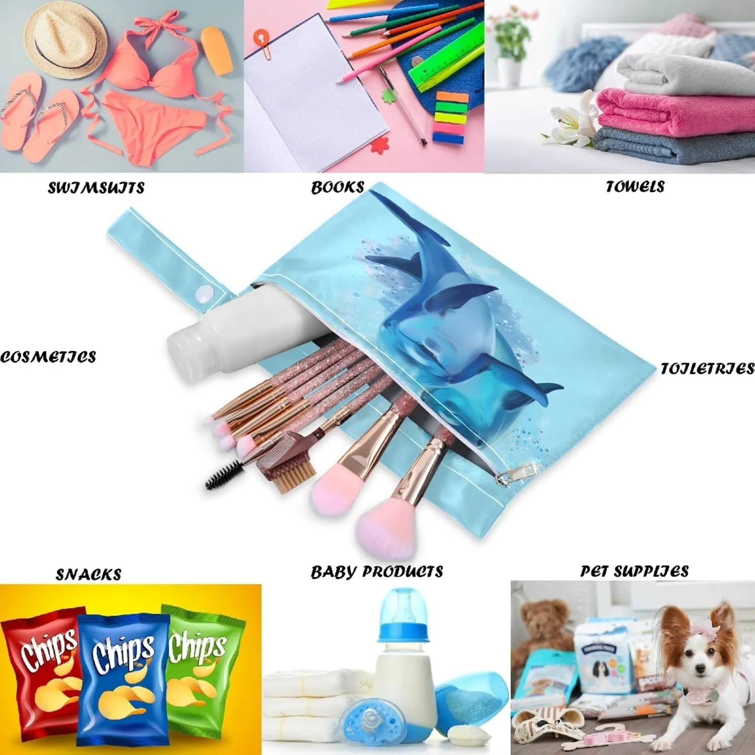 visesunny 2Pcs Wet Bag with Zippered PocketsBlue Dolphin Animal Washable Reusable Roomy Bags for Travel,Beach,Pool,Daycare,Stroller,Diapers,Dirty Gym Clothes, Wet Swimsuits, Toiletries
