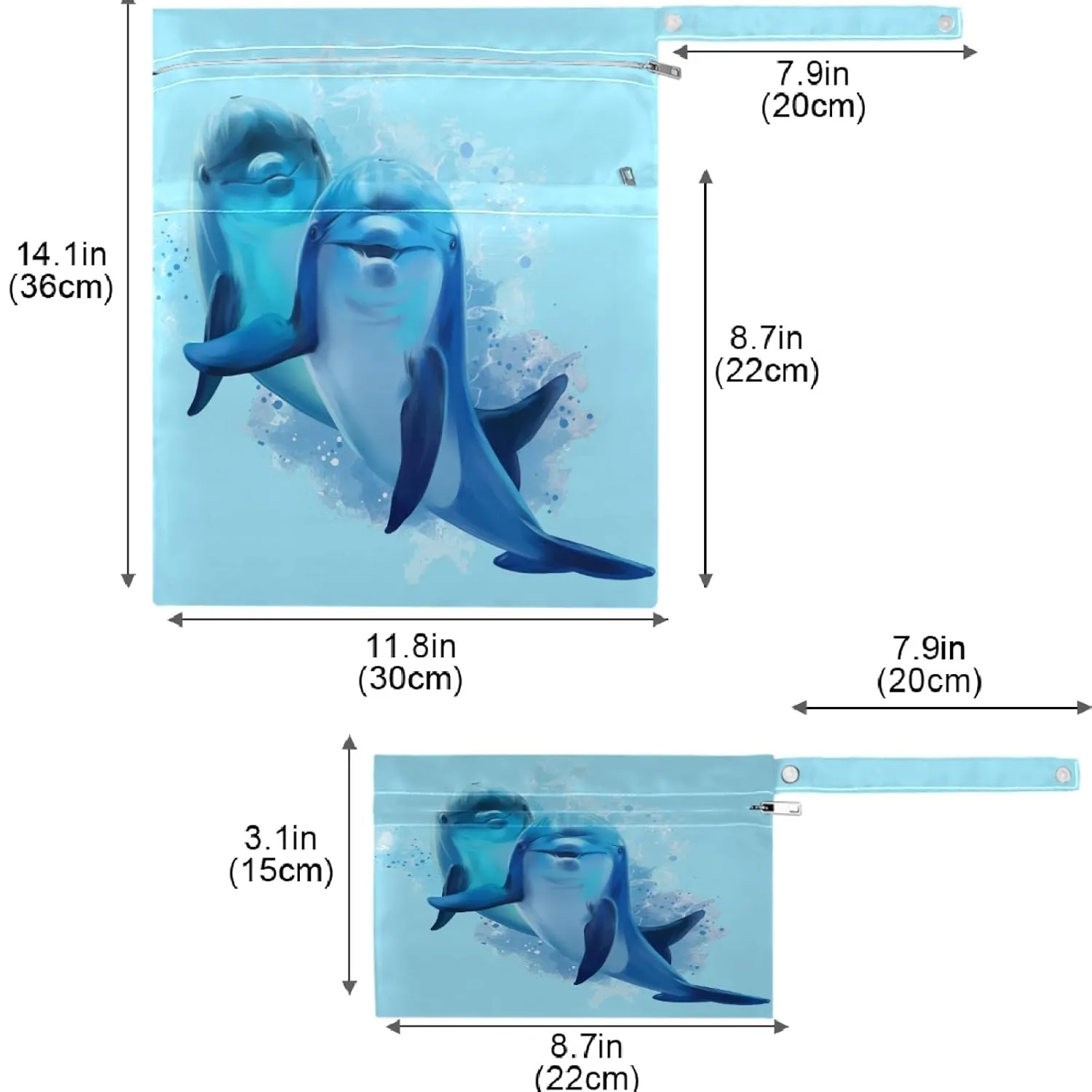 visesunny 2Pcs Wet Bag with Zippered PocketsBlue Dolphin Animal Washable Reusable Roomy Bags for Travel,Beach,Pool,Daycare,Stroller,Diapers,Dirty Gym Clothes, Wet Swimsuits, Toiletries