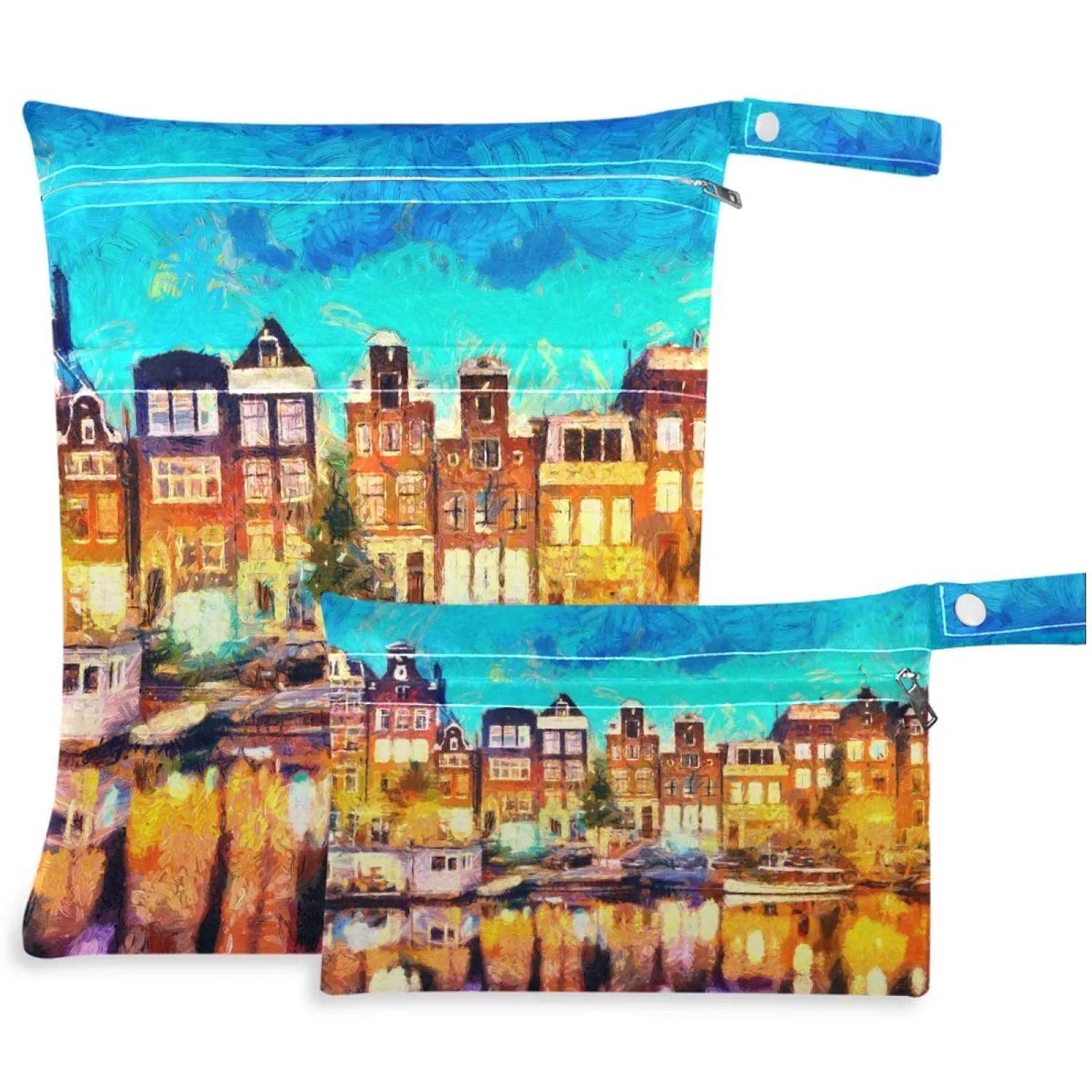 visesunny Amsterdam Canal Houses Oil Painting 2Pcs Wet Bag with Zippered Pockets Washable Reusable Roomy for Travel,Beach,Pool,Daycare,Stroller,Diapers,Dirty Gym Clothes, Wet Swimsuits, Toiletries
