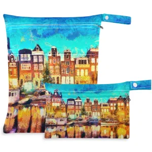 visesunny Amsterdam Canal Houses Oil Painting 2Pcs Wet Bag with Zippered Pockets Washable Reusable Roomy for Travel,Beach,Pool,Daycare,Stroller,Diapers,Dirty Gym Clothes, Wet Swimsuits, Toiletries