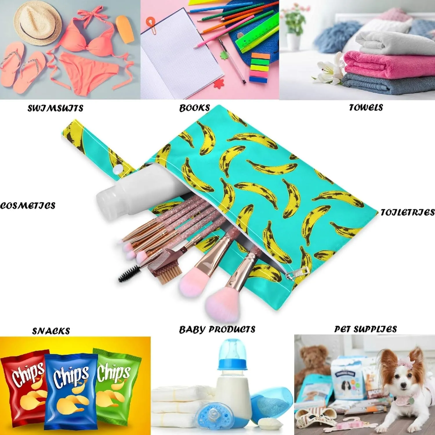 visesunny Bananas 2Pcs Wet Bag with 2 Zippered Pockets Snap Handle Washable Reusable Roomy for Travel,Beach,Pool,Daycare,Stroller,Diapers,Dirty Gym Clothes, Wet Swimsuits, Toiletries
