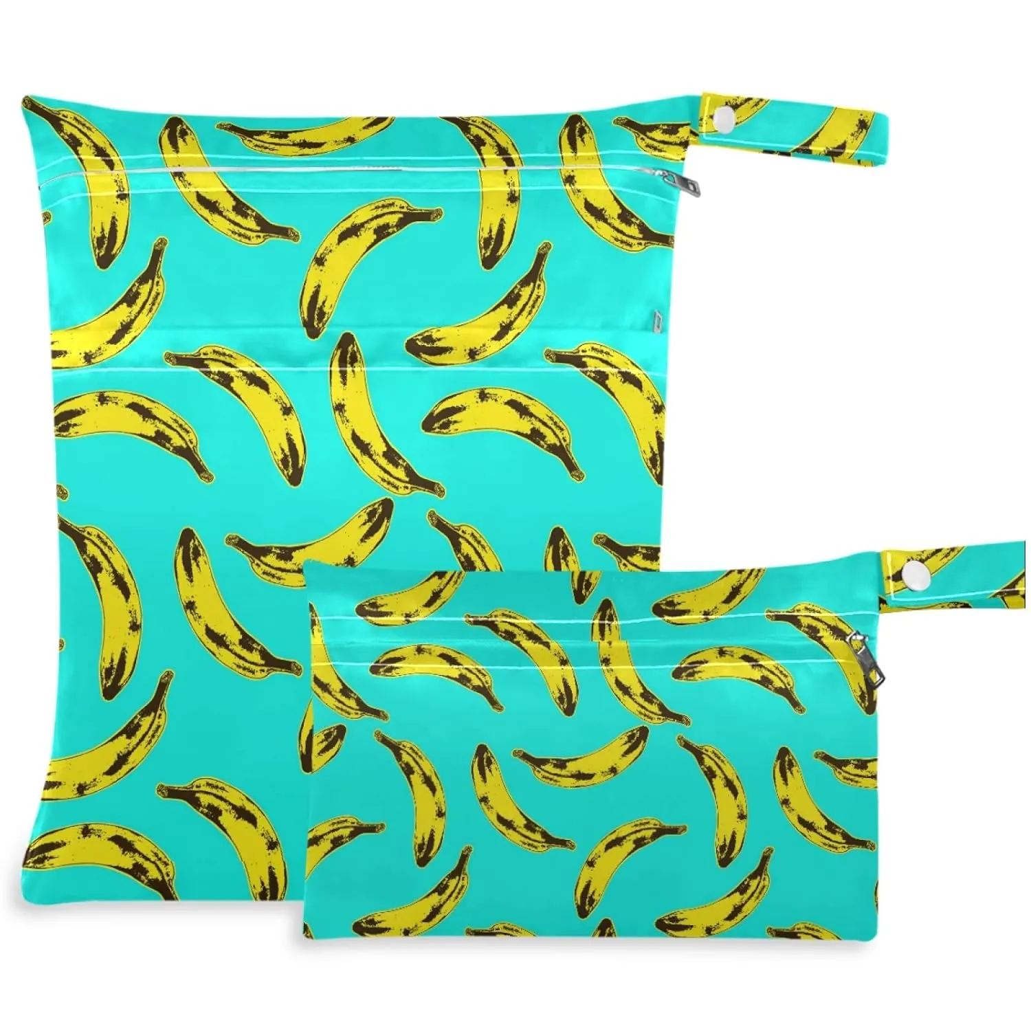 visesunny Bananas 2Pcs Wet Bag with 2 Zippered Pockets Snap Handle Washable Reusable Roomy for Travel,Beach,Pool,Daycare,Stroller,Diapers,Dirty Gym Clothes, Wet Swimsuits, Toiletries