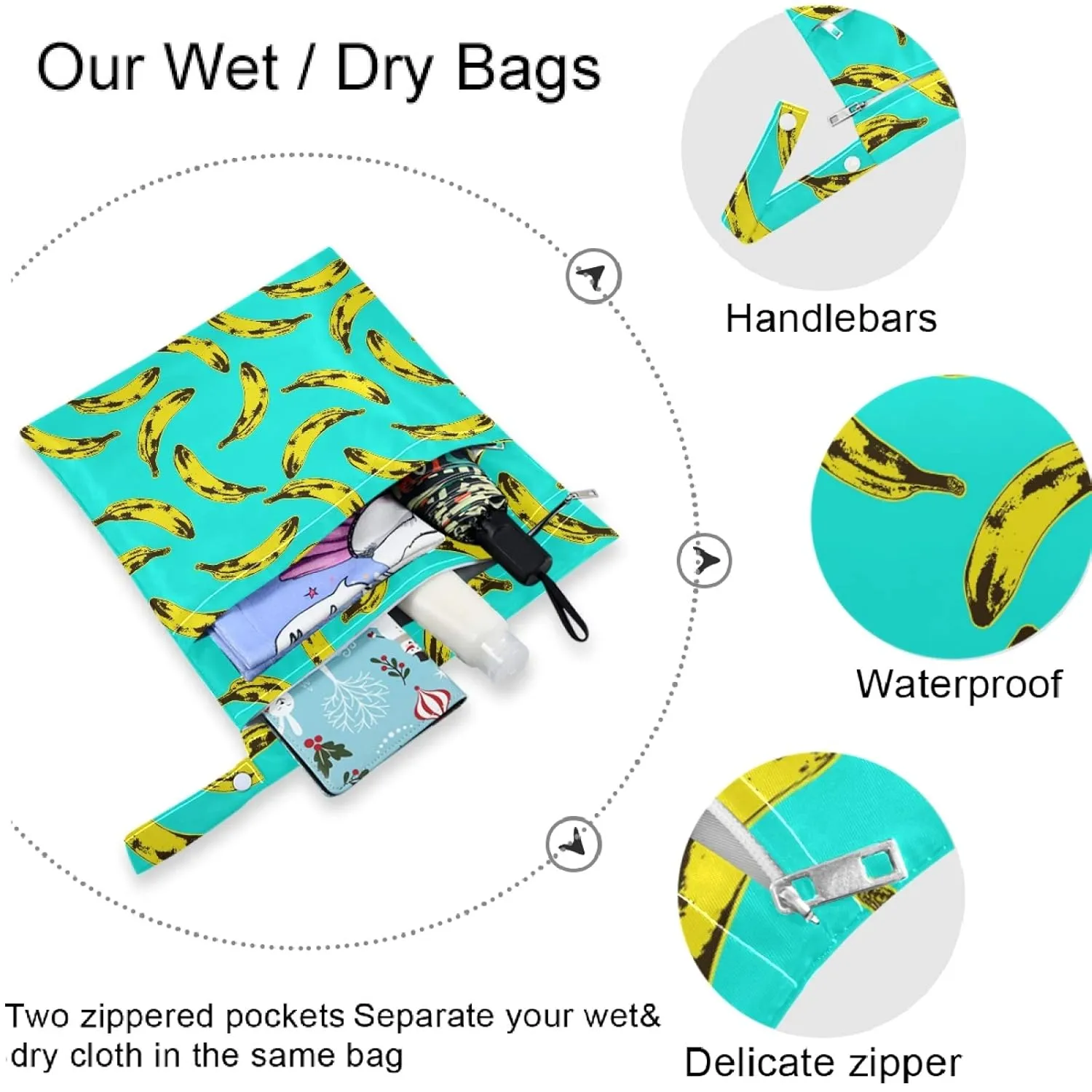 visesunny Bananas 2Pcs Wet Bag with 2 Zippered Pockets Snap Handle Washable Reusable Roomy for Travel,Beach,Pool,Daycare,Stroller,Diapers,Dirty Gym Clothes, Wet Swimsuits, Toiletries
