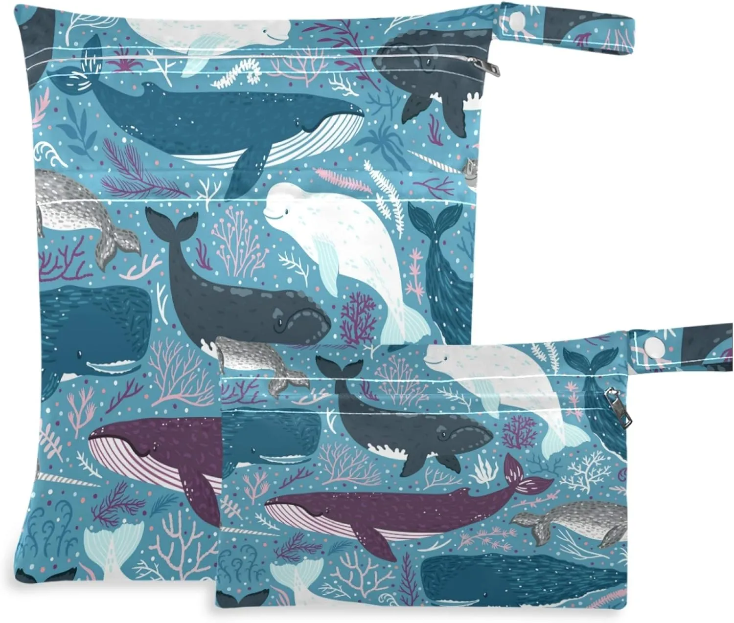visesunny Blue Whale Marine Mammal Dot 2Pcs Wet Bag with Zippered Pockets Washable Reusable Roomy for Travel,Beach,Pool,Daycare,Stroller,Diapers,Dirty Gym Clothes, Wet Swimsuits, Toiletries