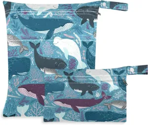 visesunny Blue Whale Marine Mammal Dot 2Pcs Wet Bag with Zippered Pockets Washable Reusable Roomy for Travel,Beach,Pool,Daycare,Stroller,Diapers,Dirty Gym Clothes, Wet Swimsuits, Toiletries