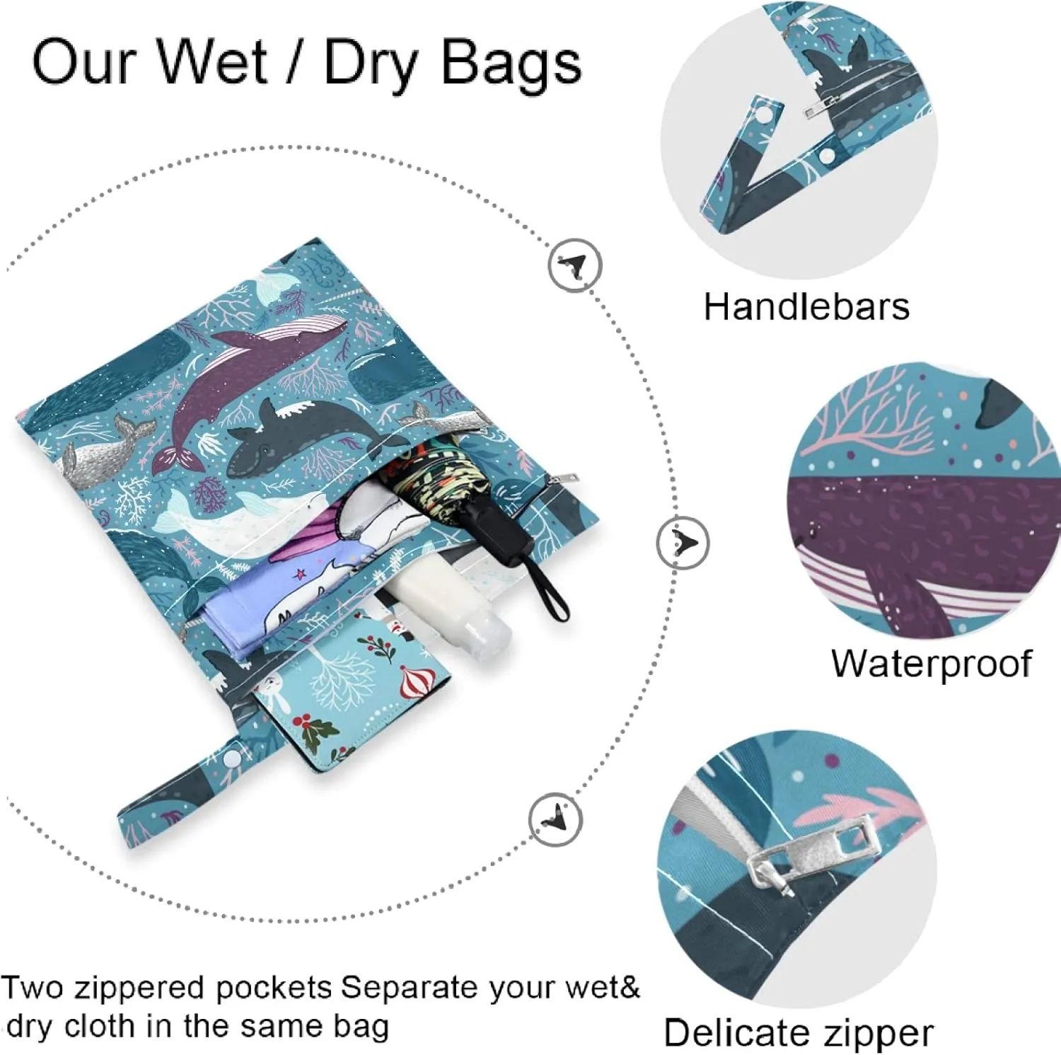 visesunny Blue Whale Marine Mammal Dot 2Pcs Wet Bag with Zippered Pockets Washable Reusable Roomy for Travel,Beach,Pool,Daycare,Stroller,Diapers,Dirty Gym Clothes, Wet Swimsuits, Toiletries
