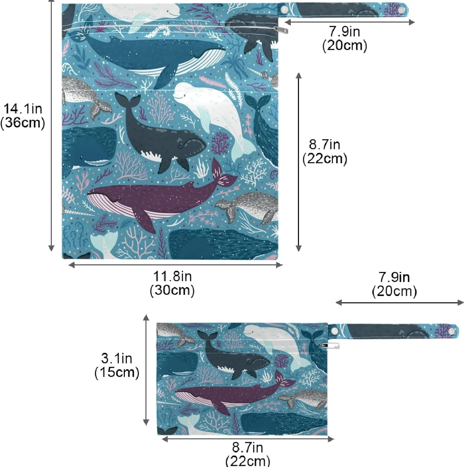 visesunny Blue Whale Marine Mammal Dot 2Pcs Wet Bag with Zippered Pockets Washable Reusable Roomy for Travel,Beach,Pool,Daycare,Stroller,Diapers,Dirty Gym Clothes, Wet Swimsuits, Toiletries
