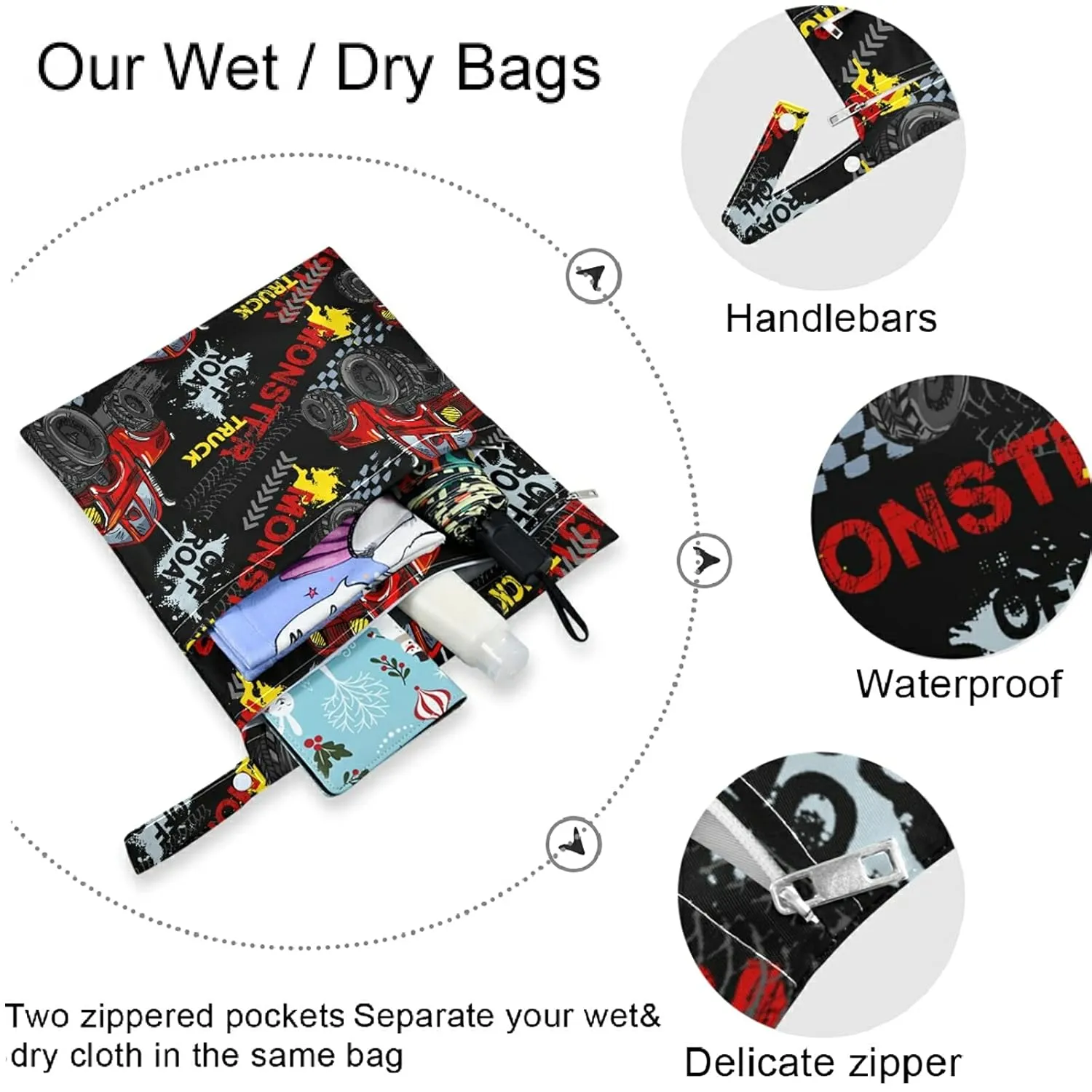 visesunny Cool Monster Truck 2Pcs Wet Bag with Zippered Pockets Washable Reusable Roomy Diaper Bag for Travel,Beach,Daycare,Stroller,Diapers,Dirty Gym Clothes,Wet Swimsuits,Toiletries