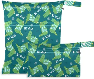 visesunny Crocodile Cartoon 2Pcs Wet Bag with Zippered Pockets Washable Reusable Roomy for Travel,Beach,Pool,Daycare,Stroller,Diapers,Dirty Gym Clothes, Wet Swimsuits, Toiletries