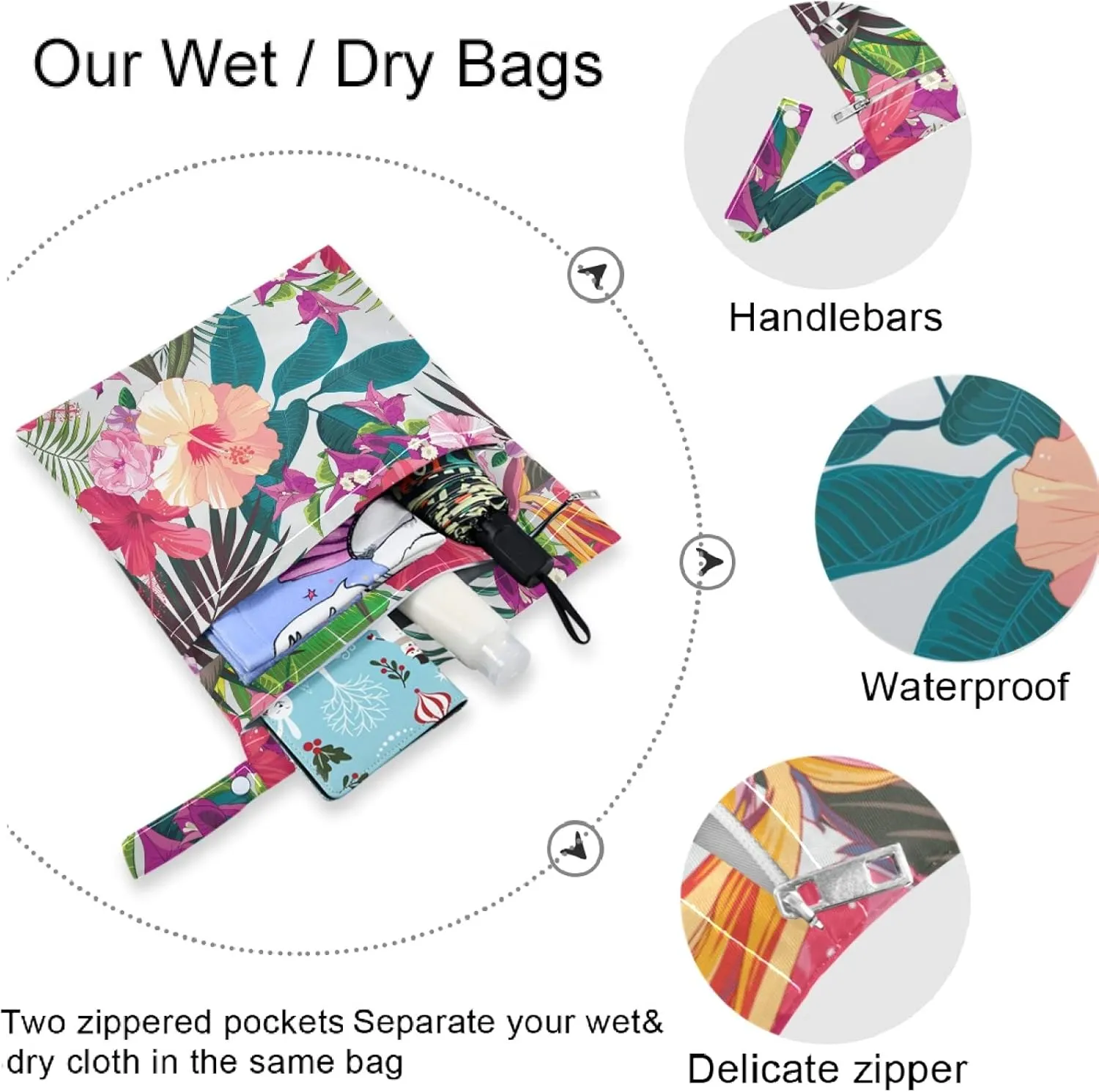 visesunny Decorative Flower 2Pcs Wet Bag with Zippered Pockets Washable Reusable Roomy for Travel,Beach,Pool,Daycare,Stroller,Diapers,Dirty Gym Clothes, Wet Swimsuits, Toiletries