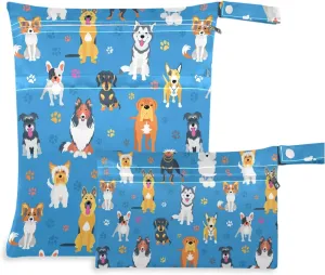 visesunny Funny Asorted Dog and Footprint 2Pcs Wet Bag with Zippered Pockets Washable Reusable Roomy for Travel,Beach,Pool,Daycare,Stroller,Diapers,Dirty Gym Clothes, Wet Swimsuits, Toiletries