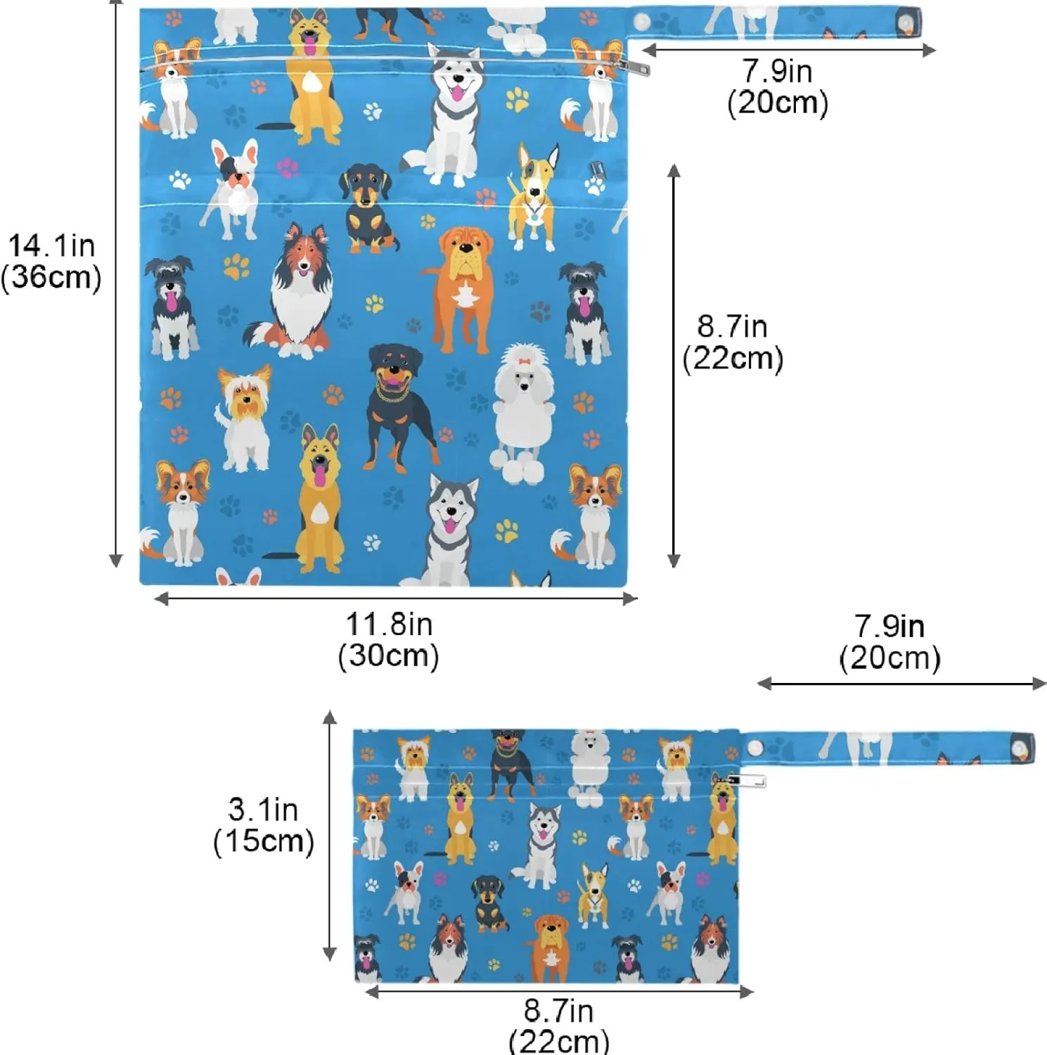 visesunny Funny Asorted Dog and Footprint 2Pcs Wet Bag with Zippered Pockets Washable Reusable Roomy for Travel,Beach,Pool,Daycare,Stroller,Diapers,Dirty Gym Clothes, Wet Swimsuits, Toiletries