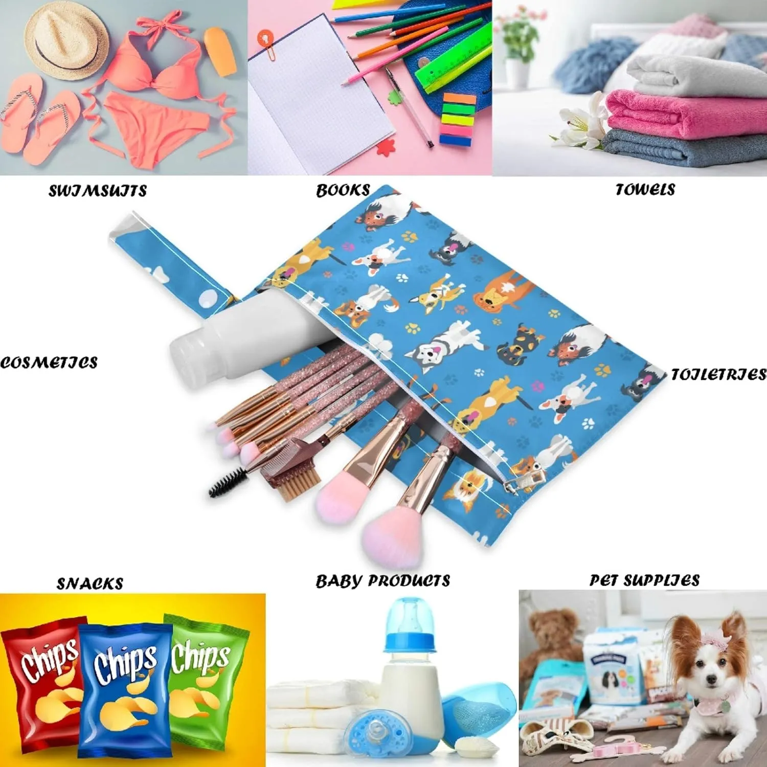 visesunny Funny Asorted Dog and Footprint 2Pcs Wet Bag with Zippered Pockets Washable Reusable Roomy for Travel,Beach,Pool,Daycare,Stroller,Diapers,Dirty Gym Clothes, Wet Swimsuits, Toiletries