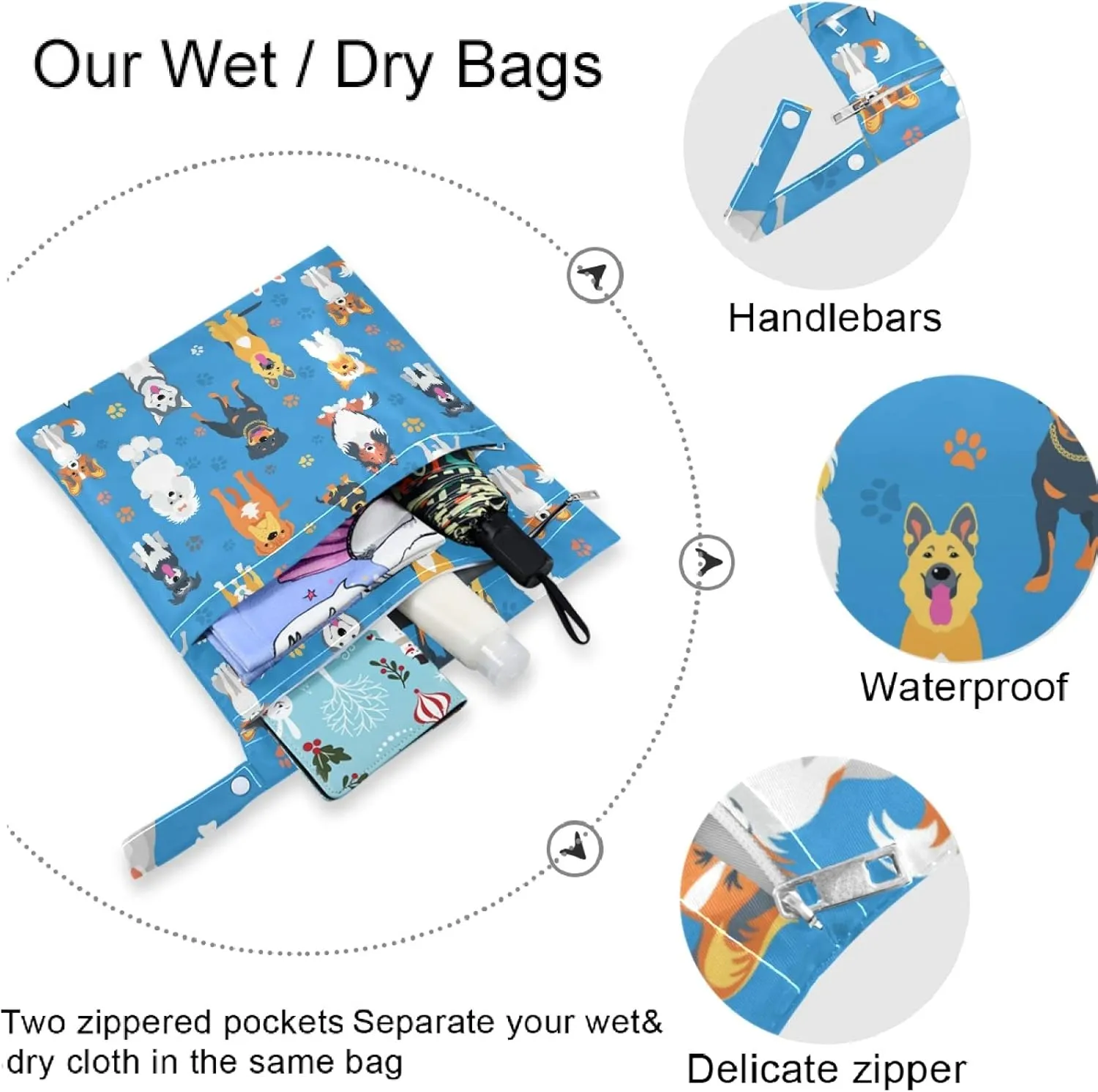 visesunny Funny Asorted Dog and Footprint 2Pcs Wet Bag with Zippered Pockets Washable Reusable Roomy for Travel,Beach,Pool,Daycare,Stroller,Diapers,Dirty Gym Clothes, Wet Swimsuits, Toiletries