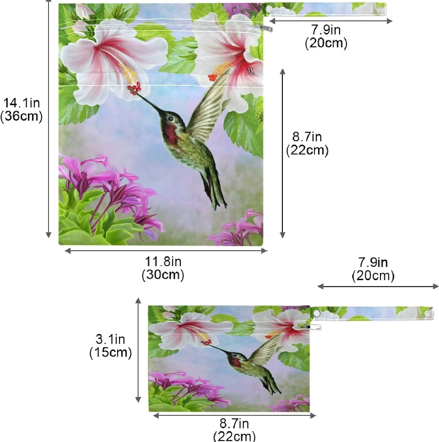 visesunny Hummingbird Near White Hibiscus Tropical 2Pcs Wet Bag with Zippered Pockets Washable Reusable Roomy for Travel,Beach,Pool,Daycare,Stroller,Diapers,Dirty Gym Clothes, Wet Swimsuits, Toiletrie