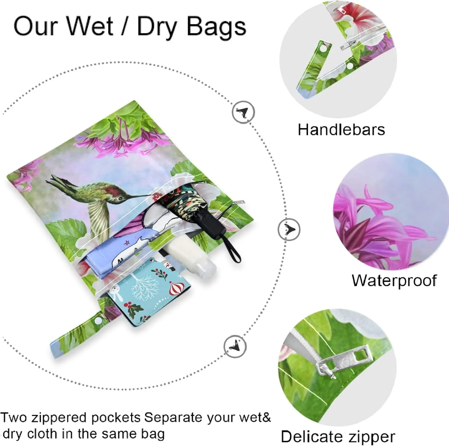 visesunny Hummingbird Near White Hibiscus Tropical 2Pcs Wet Bag with Zippered Pockets Washable Reusable Roomy for Travel,Beach,Pool,Daycare,Stroller,Diapers,Dirty Gym Clothes, Wet Swimsuits, Toiletrie