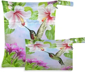 visesunny Hummingbird Near White Hibiscus Tropical 2Pcs Wet Bag with Zippered Pockets Washable Reusable Roomy for Travel,Beach,Pool,Daycare,Stroller,Diapers,Dirty Gym Clothes, Wet Swimsuits, Toiletrie