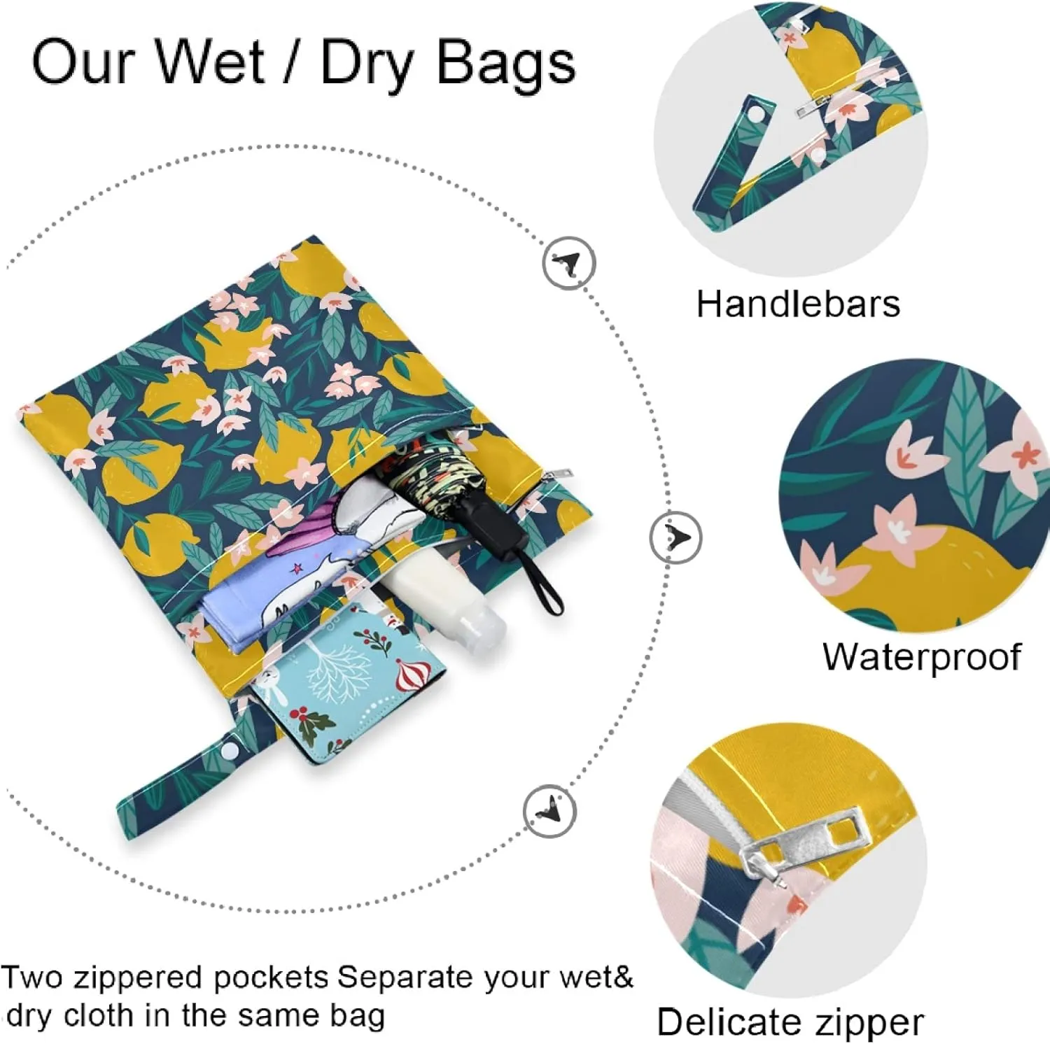 visesunny Lemon Floral 2Pcs Wet Bag with Zippered Pockets Washable Reusable Roomy for Travel,Beach,Pool,Daycare,Stroller,Diapers,Dirty Gym Clothes, Wet Swimsuits, Toiletries