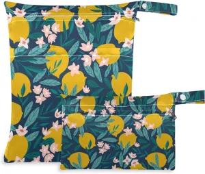 visesunny Lemon Floral 2Pcs Wet Bag with Zippered Pockets Washable Reusable Roomy for Travel,Beach,Pool,Daycare,Stroller,Diapers,Dirty Gym Clothes, Wet Swimsuits, Toiletries
