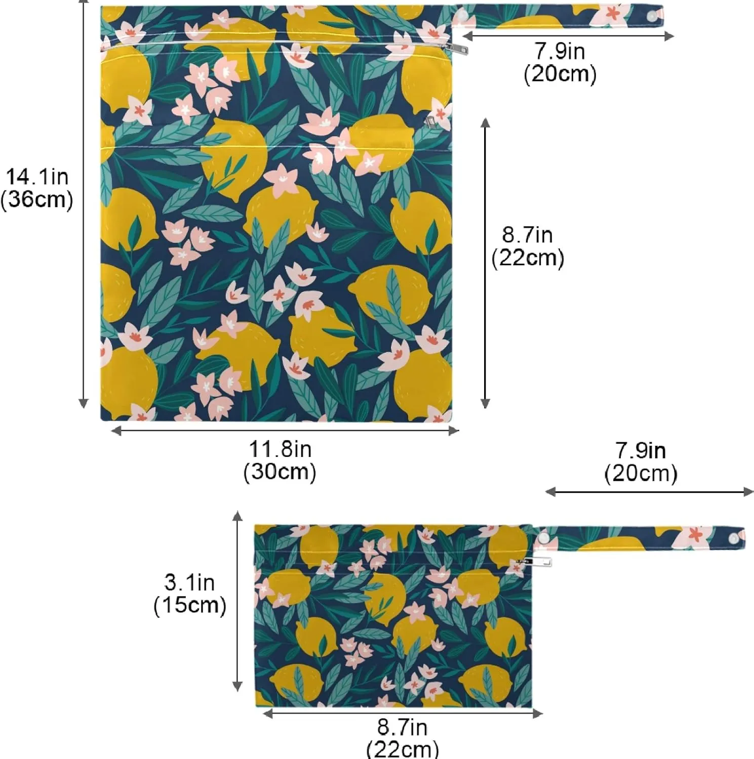 visesunny Lemon Floral 2Pcs Wet Bag with Zippered Pockets Washable Reusable Roomy for Travel,Beach,Pool,Daycare,Stroller,Diapers,Dirty Gym Clothes, Wet Swimsuits, Toiletries