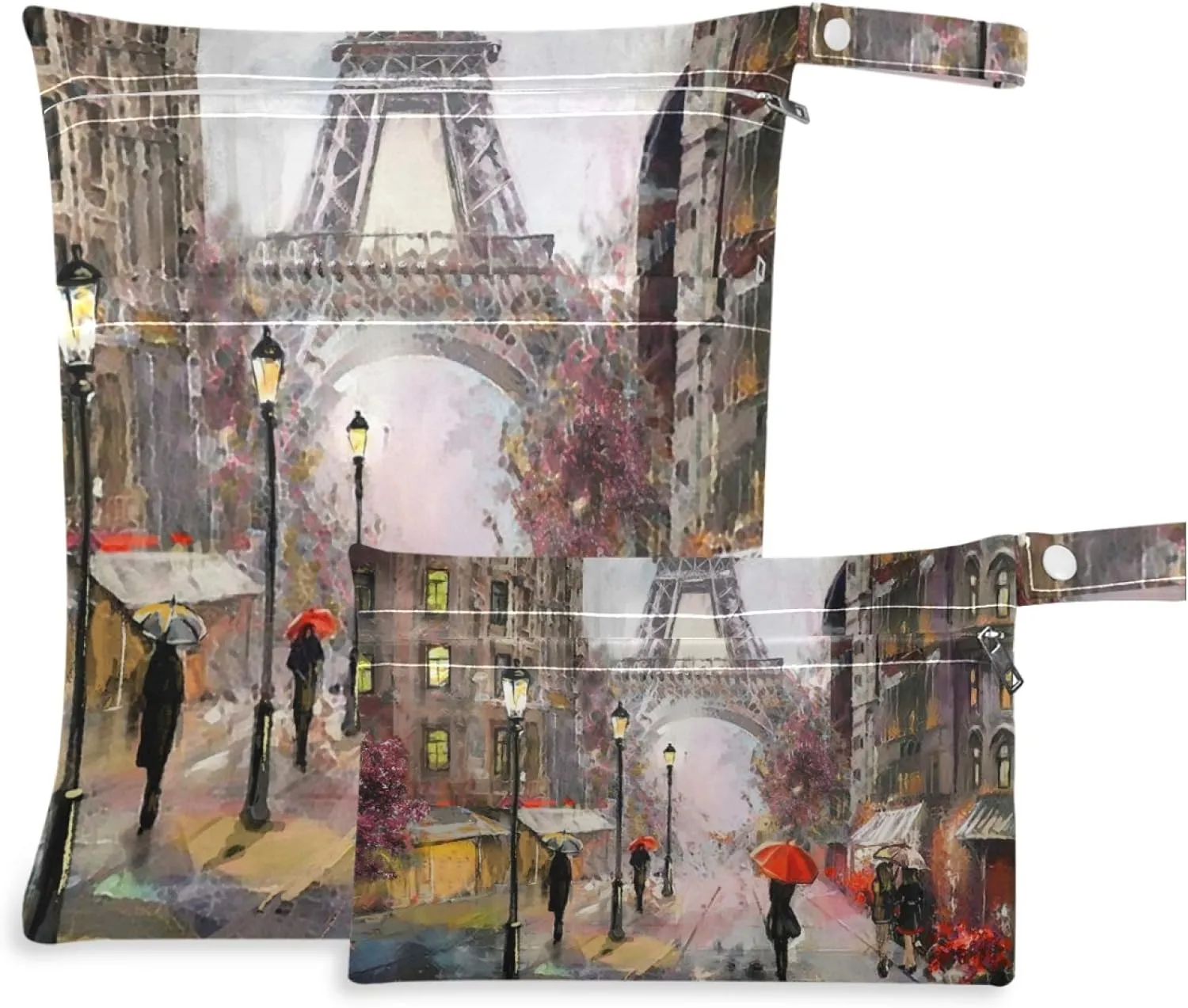 visesunny Oil Painting Eiffel Tower 2Pcs Wet Bag with Zippered Pockets Washable Reusable Roomy for Travel,Beach,Pool,Daycare,Stroller,Diapers,Dirty Gym Clothes, Wet Swimsuits, Toiletries