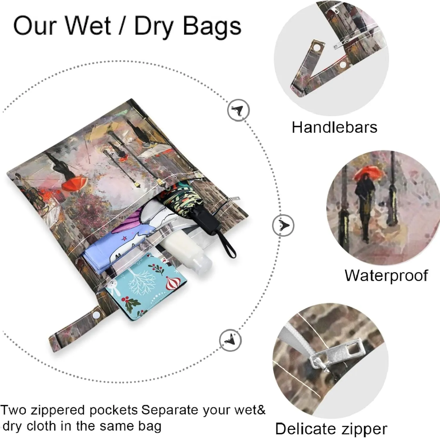 visesunny Oil Painting Eiffel Tower 2Pcs Wet Bag with Zippered Pockets Washable Reusable Roomy for Travel,Beach,Pool,Daycare,Stroller,Diapers,Dirty Gym Clothes, Wet Swimsuits, Toiletries