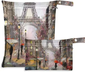 visesunny Oil Painting Eiffel Tower 2Pcs Wet Bag with Zippered Pockets Washable Reusable Roomy for Travel,Beach,Pool,Daycare,Stroller,Diapers,Dirty Gym Clothes, Wet Swimsuits, Toiletries