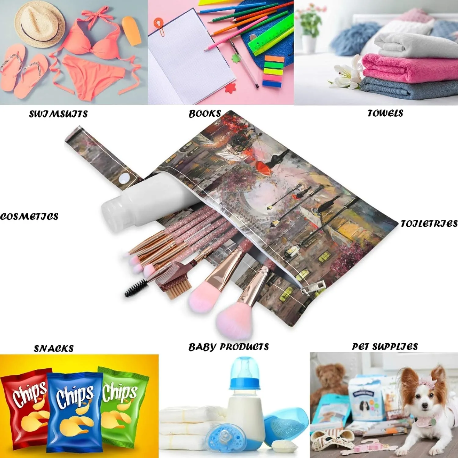 visesunny Oil Painting Eiffel Tower 2Pcs Wet Bag with Zippered Pockets Washable Reusable Roomy for Travel,Beach,Pool,Daycare,Stroller,Diapers,Dirty Gym Clothes, Wet Swimsuits, Toiletries