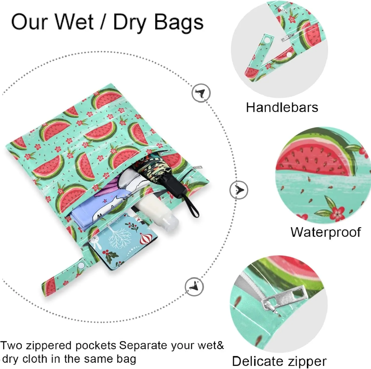 visesunny Watermelon Flower Abstract Style 2Pcs Wet Bag with Zippered Pockets Washable Reusable Roomy for Travel,Beach,Pool,Daycare,Stroller,Diapers,Dirty Gym Clothes, Wet Swimsuits, Toiletries