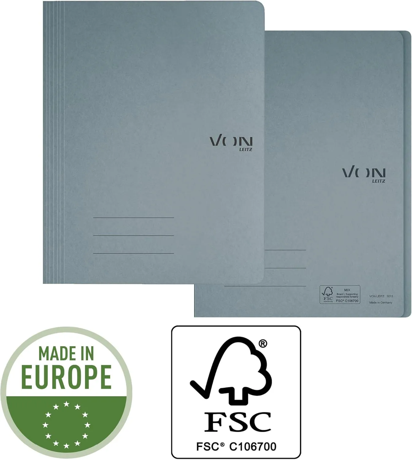 VON Leitz 30130085 Pack of 10 A4 File Folders, Cardboard, with Stapling Mechanism, for 250 Sheets, with Soft Cover, for School, Study and Home, Grey
