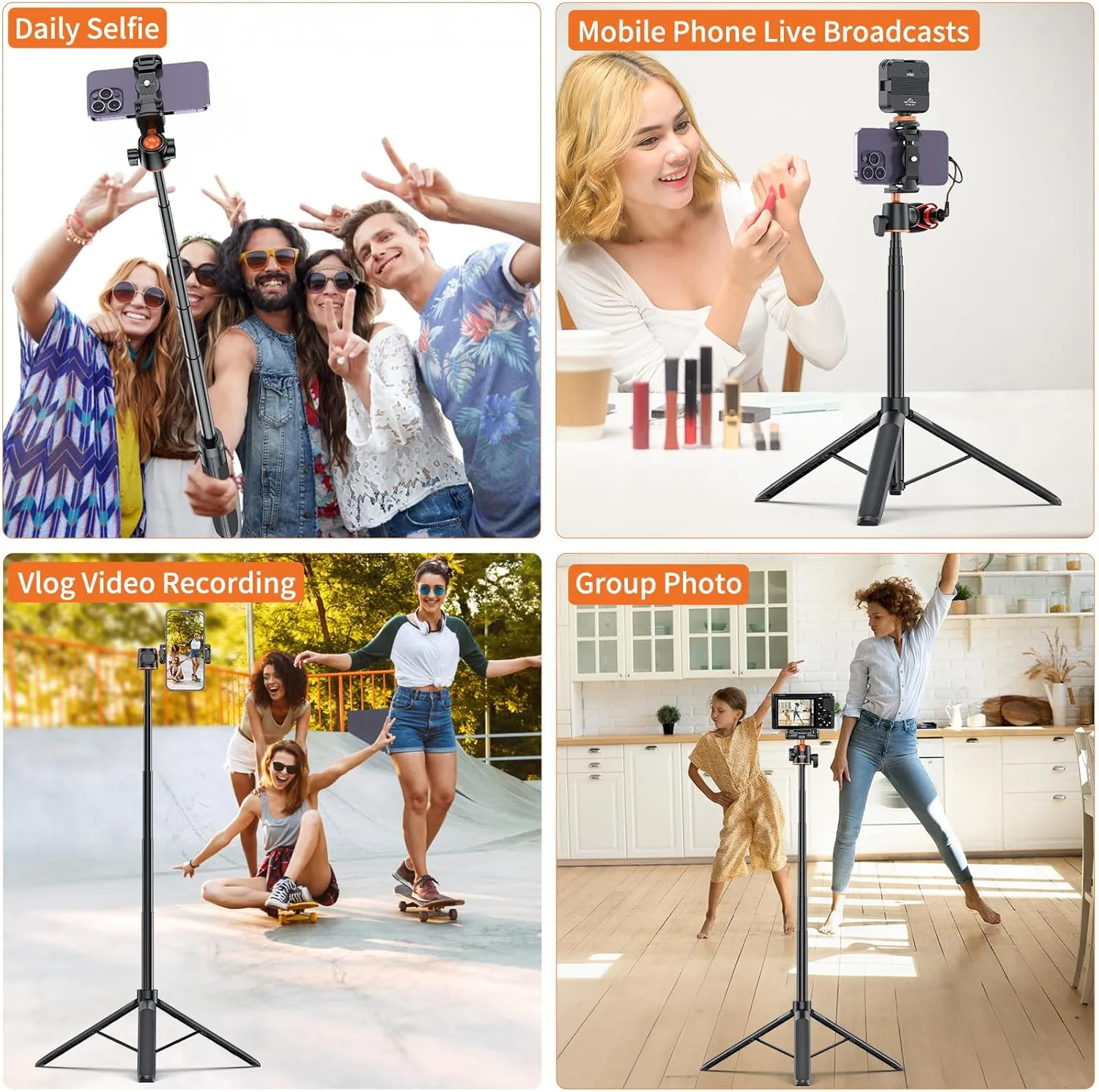 VRIG TP16 Camera Tripod, 55 inch Extendable Phone Selfie Stick Camera Tripod Stand with 2 in 1 Phone Clip, 5 Levels Adjustment 360° Ball Head Loads Up for iPhone Sony Canon