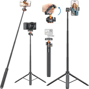 VRIG TP16 Camera Tripod, 55 inch Extendable Phone Selfie Stick Camera Tripod Stand with 2 in 1 Phone Clip, 5 Levels Adjustment 360° Ball Head Loads Up for iPhone Sony Canon