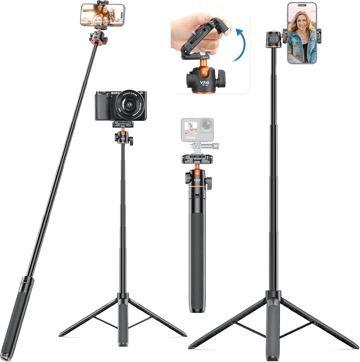 VRIG TP16 Camera Tripod, 55 inch Extendable Phone Selfie Stick Camera Tripod Stand with 2 in 1 Phone Clip, 5 Levels Adjustment 360° Ball Head Loads Up for iPhone Sony Canon