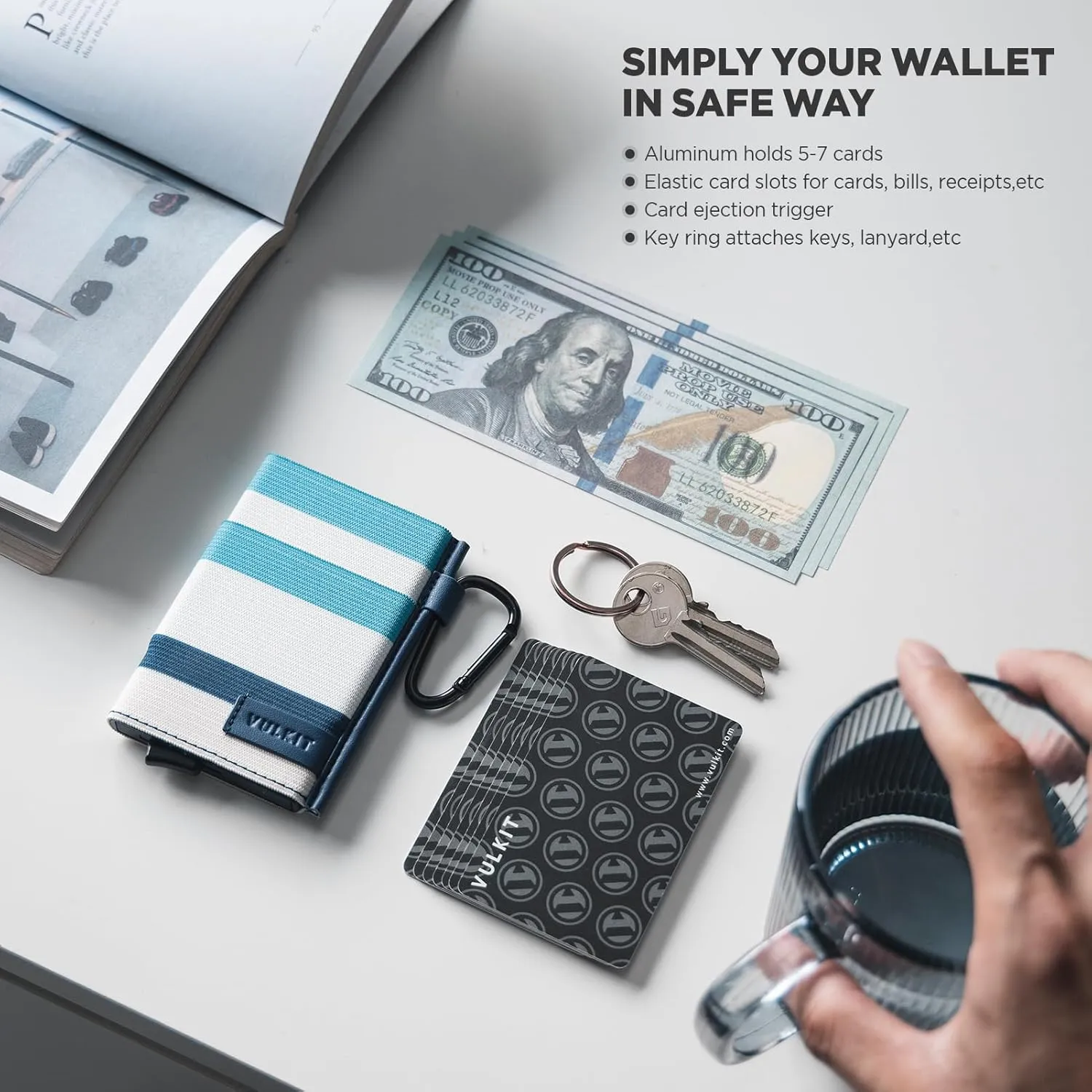VULKIT Slim Wallet for Men and Women, Pop up Credit Card holder Metal Case RFID Blocking with Keychain and Elastic Pocket (Stripe Blue White)