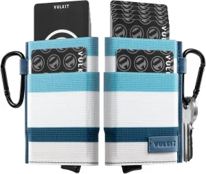 VULKIT Slim Wallet for Men and Women, Pop up Credit Card holder Metal Case RFID Blocking with Keychain and Elastic Pocket (Stripe Blue White)