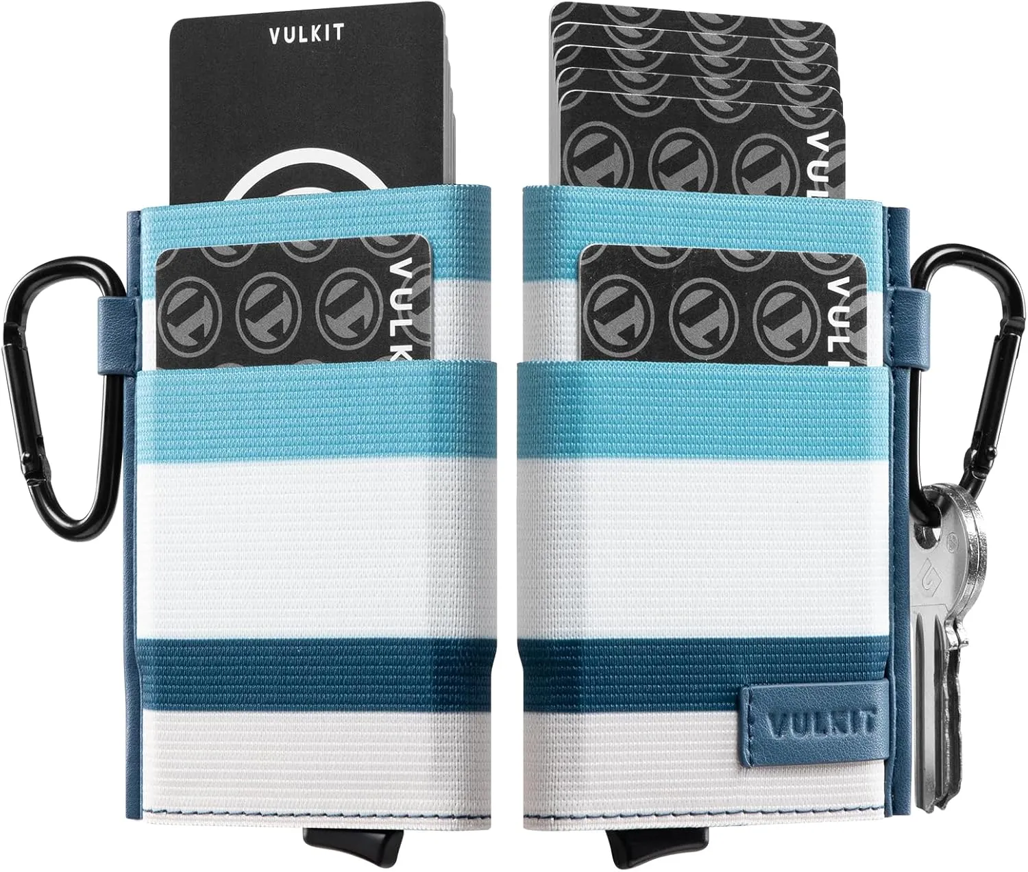 VULKIT Slim Wallet for Men and Women, Pop up Credit Card holder Metal Case RFID Blocking with Keychain and Elastic Pocket (Stripe Blue White)